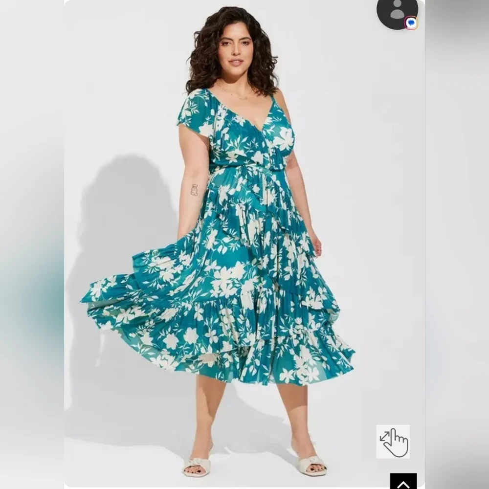 Torrid Womens Size 4 Midi Mesh Ruffle Surplice Dress- Green/teal - Picture 3 of 4